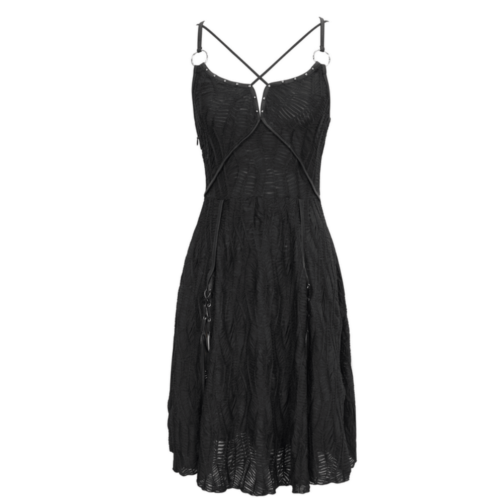 Sexy Gothic Cross Strap Black Dress with Slit Hem for Women