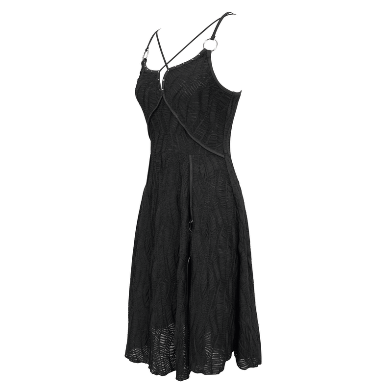 Sexy Gothic Cross Strap Black Dress with Slit Hem for Women