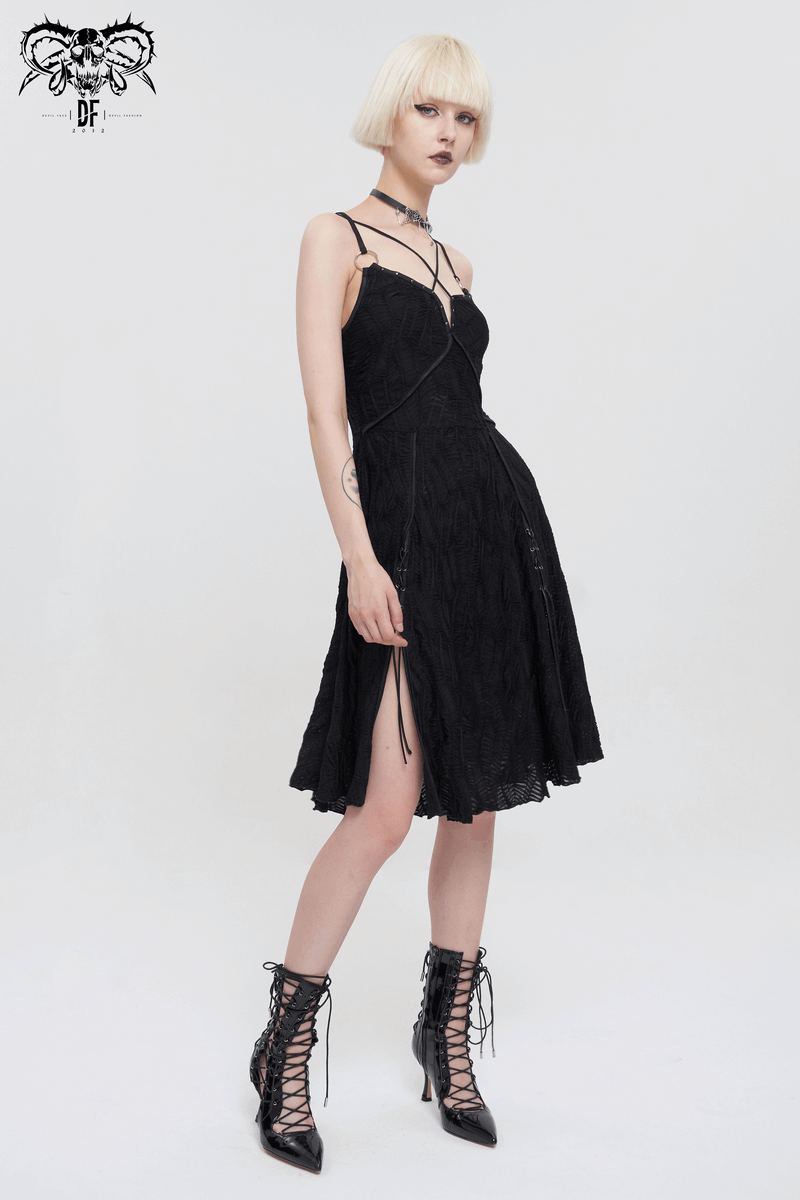 Sexy Gothic Cross Strap Black Dress with Slit Hem for Women