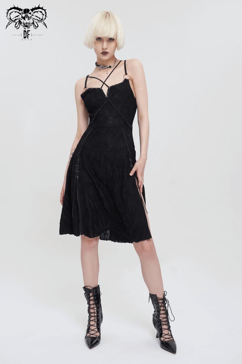 Sexy Gothic Cross Strap Black Dress with Slit Hem for Women