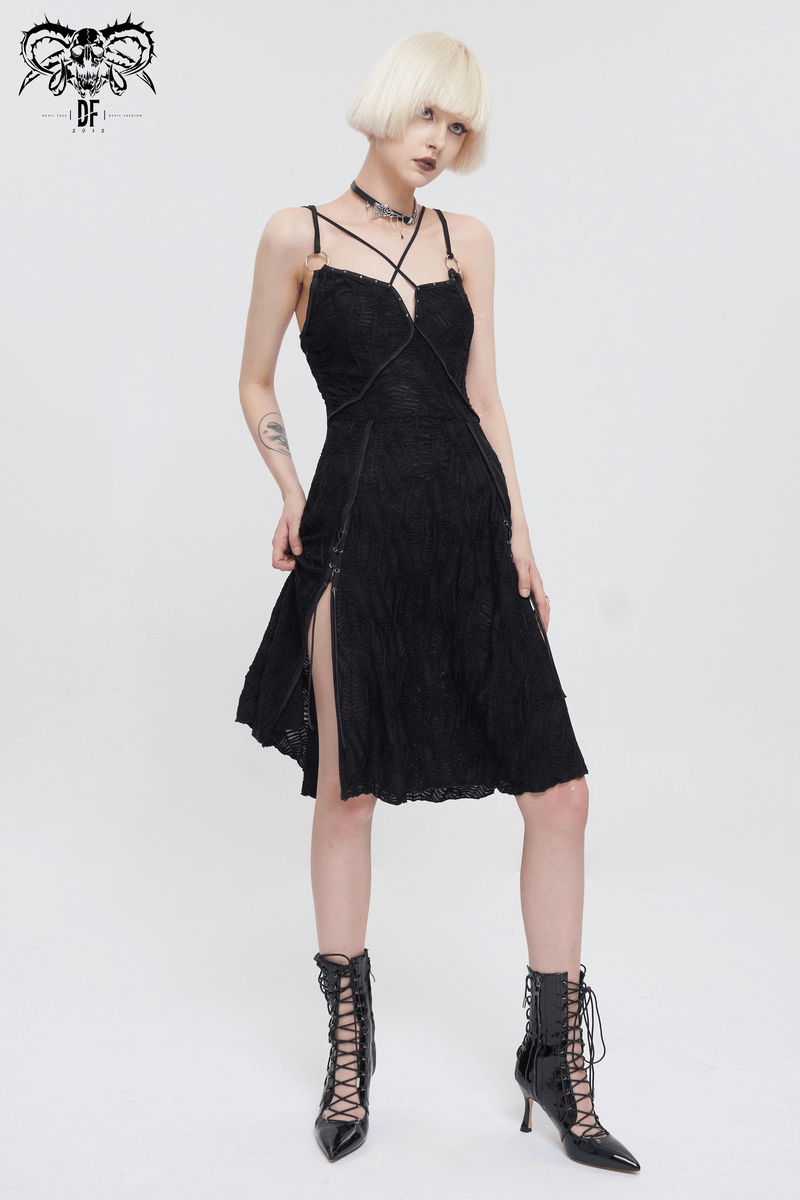 Sexy Gothic Cross Strap Black Dress with Slit Hem for Women