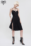 Sexy Gothic Cross Strap Black Dress with Slit Hem for Women