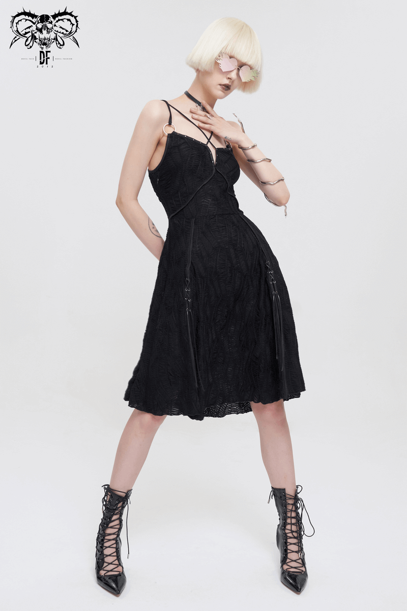 Sexy Gothic Cross Strap Black Dress with Slit Hem for Women