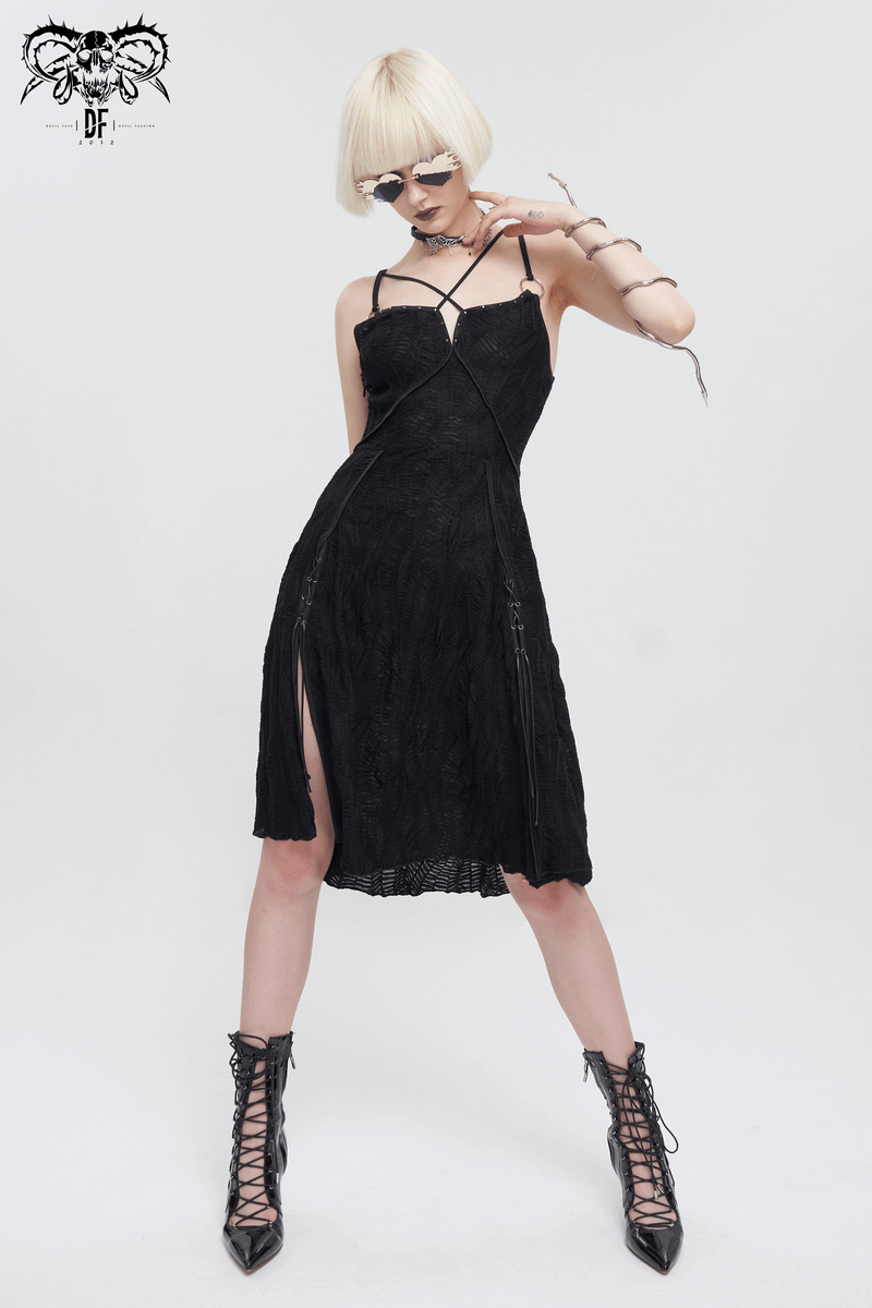 Sexy Gothic Cross Strap Black Dress with Slit Hem for Women