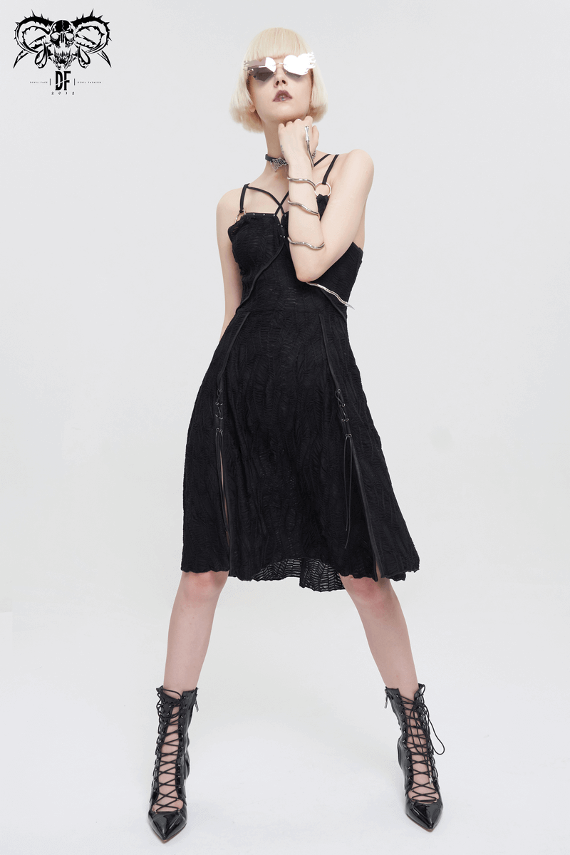 Sexy Gothic Cross Strap Black Dress with Slit Hem for Women