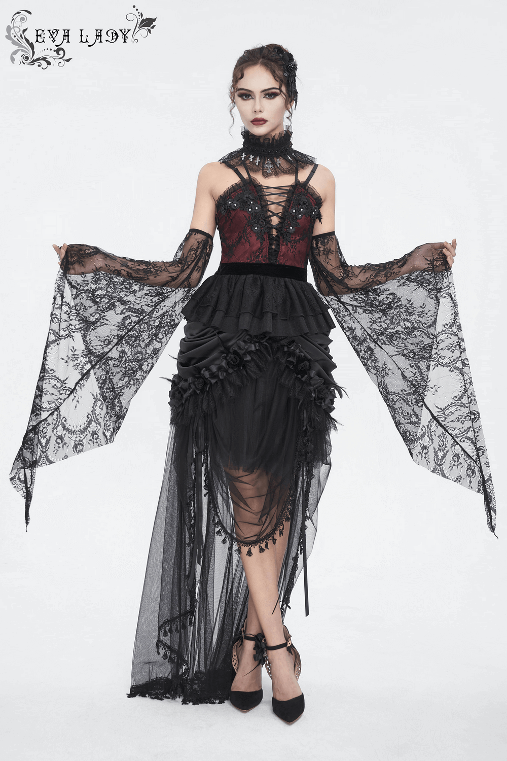 Sexy Gothic Victorian Bell Sleeve Top in Black Lace
