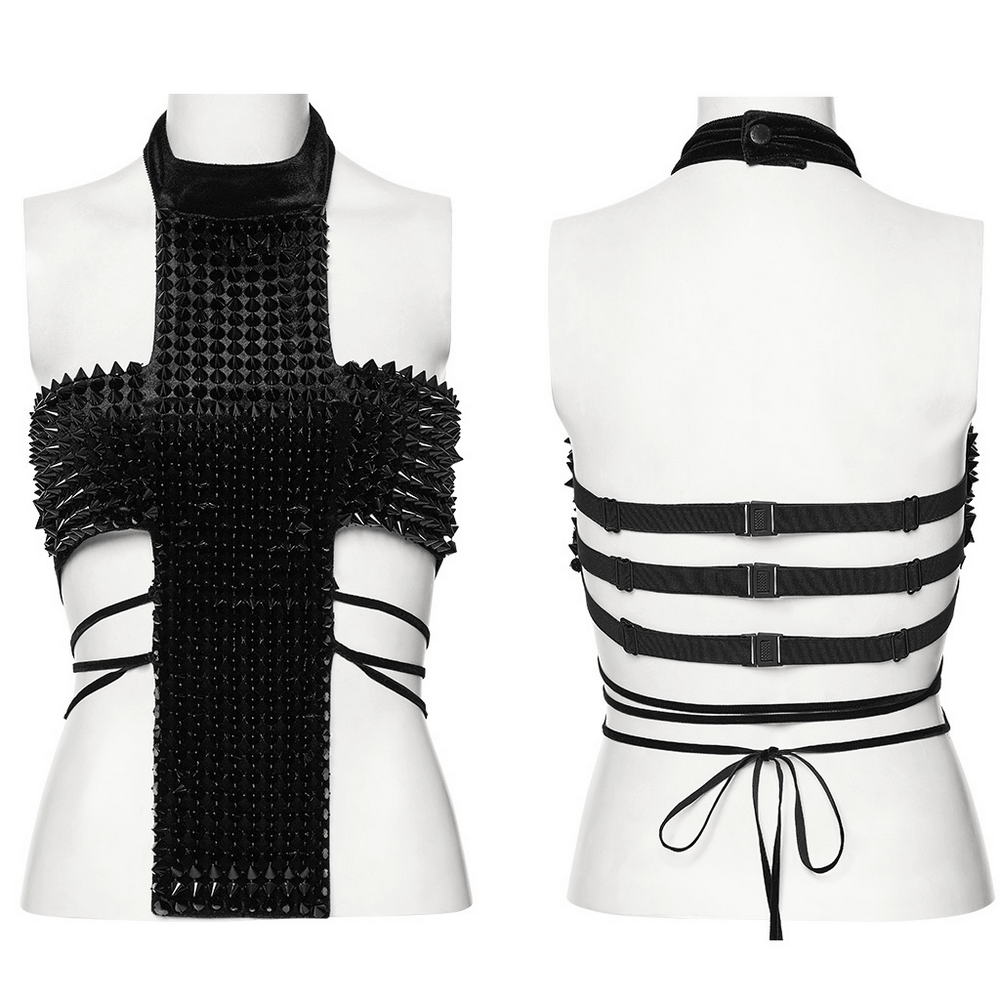 Sexy Halter Top with Waist Straps and Spiked Rivet Details