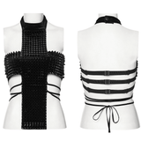 Sexy Halter Top with Waist Straps and Spiked Rivet Details