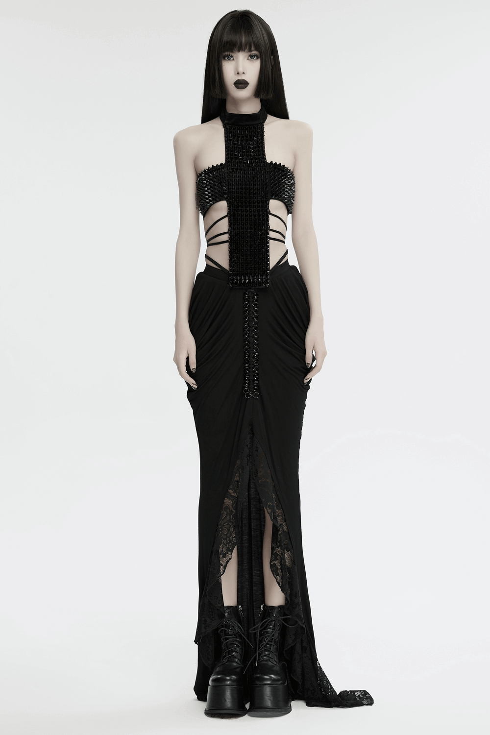 Sexy Halter Top with Waist Straps and Spiked Rivet Details