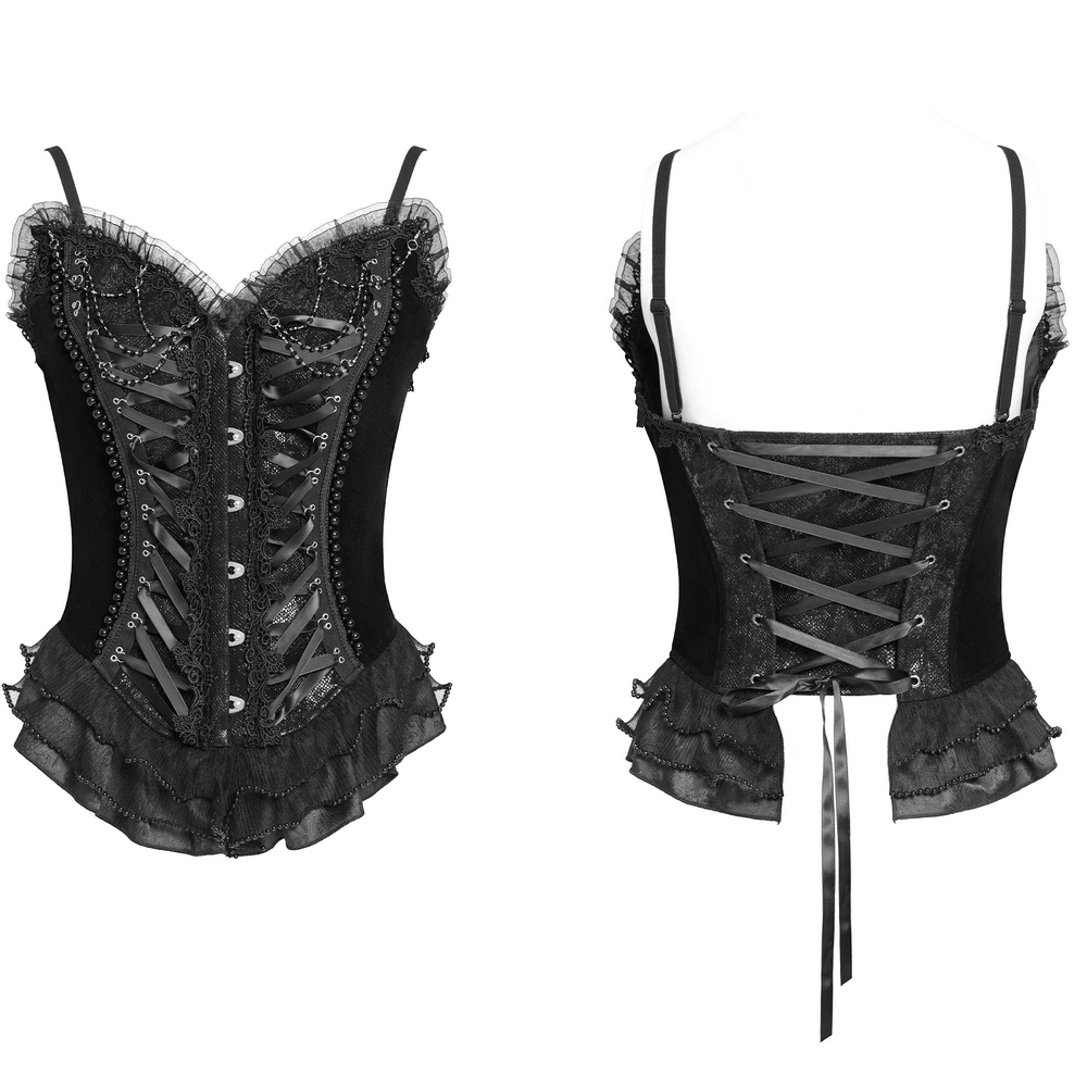Sexy Lace-Up Corset with Satin Straps and Ruffled Edging