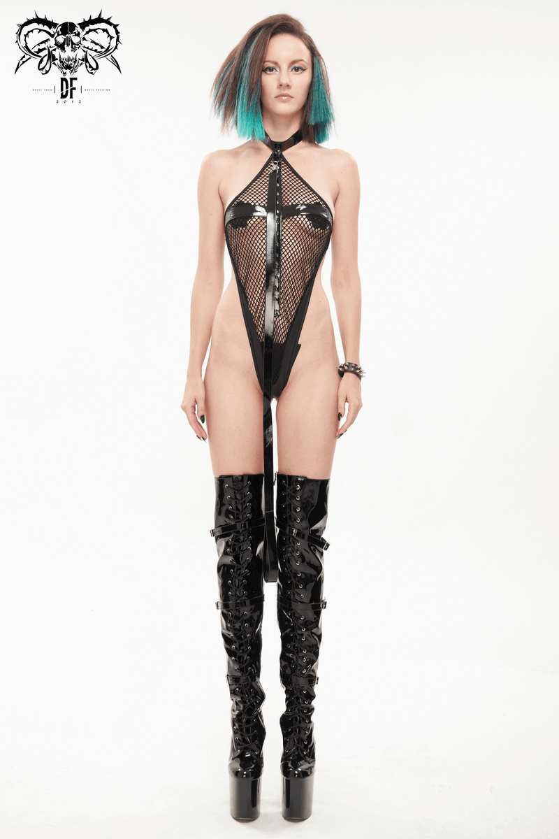 Sexy Ladies Mesh Bodysuit with Long Belt in Punk Style