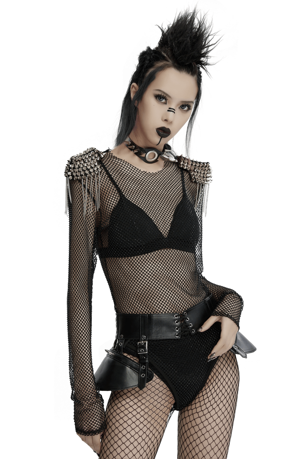 Mesh Bodysuit with Removable Spiked Shoulder Accents