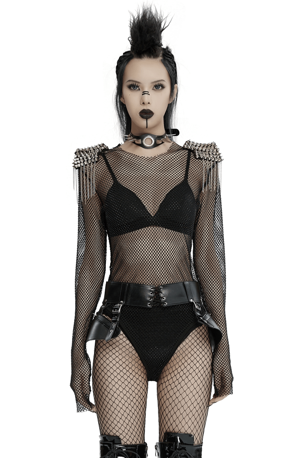 Mesh Bodysuit with Removable Spiked Shoulder Accents