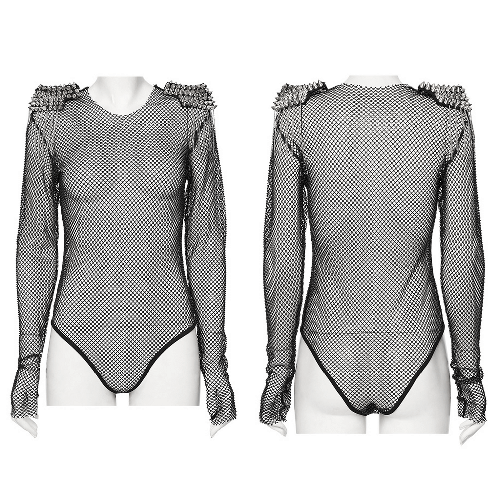 Mesh Bodysuit with Removable Spiked Shoulder Accents