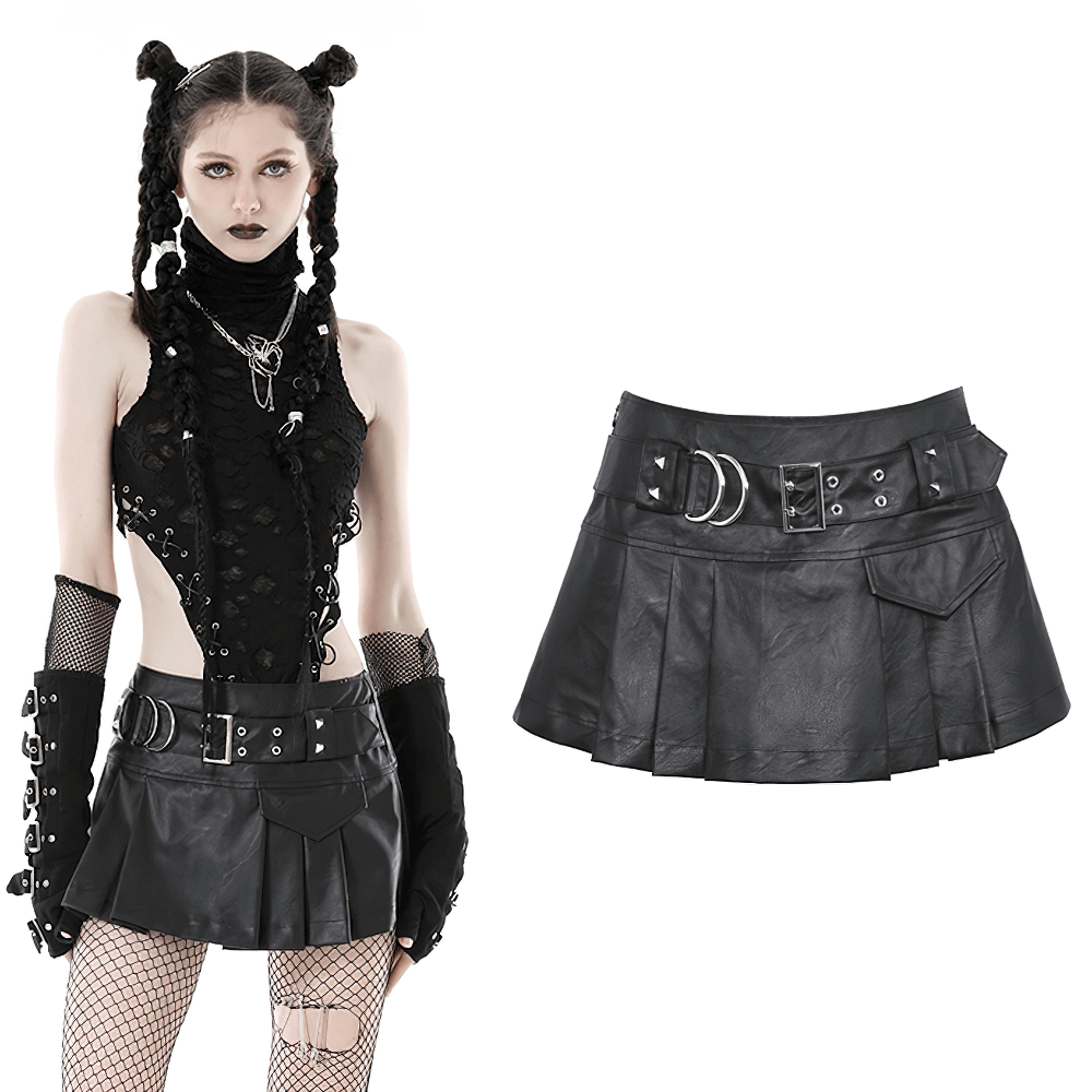 Sexy Pleated Mini Skirt in Faux Leather with Buckle Detail