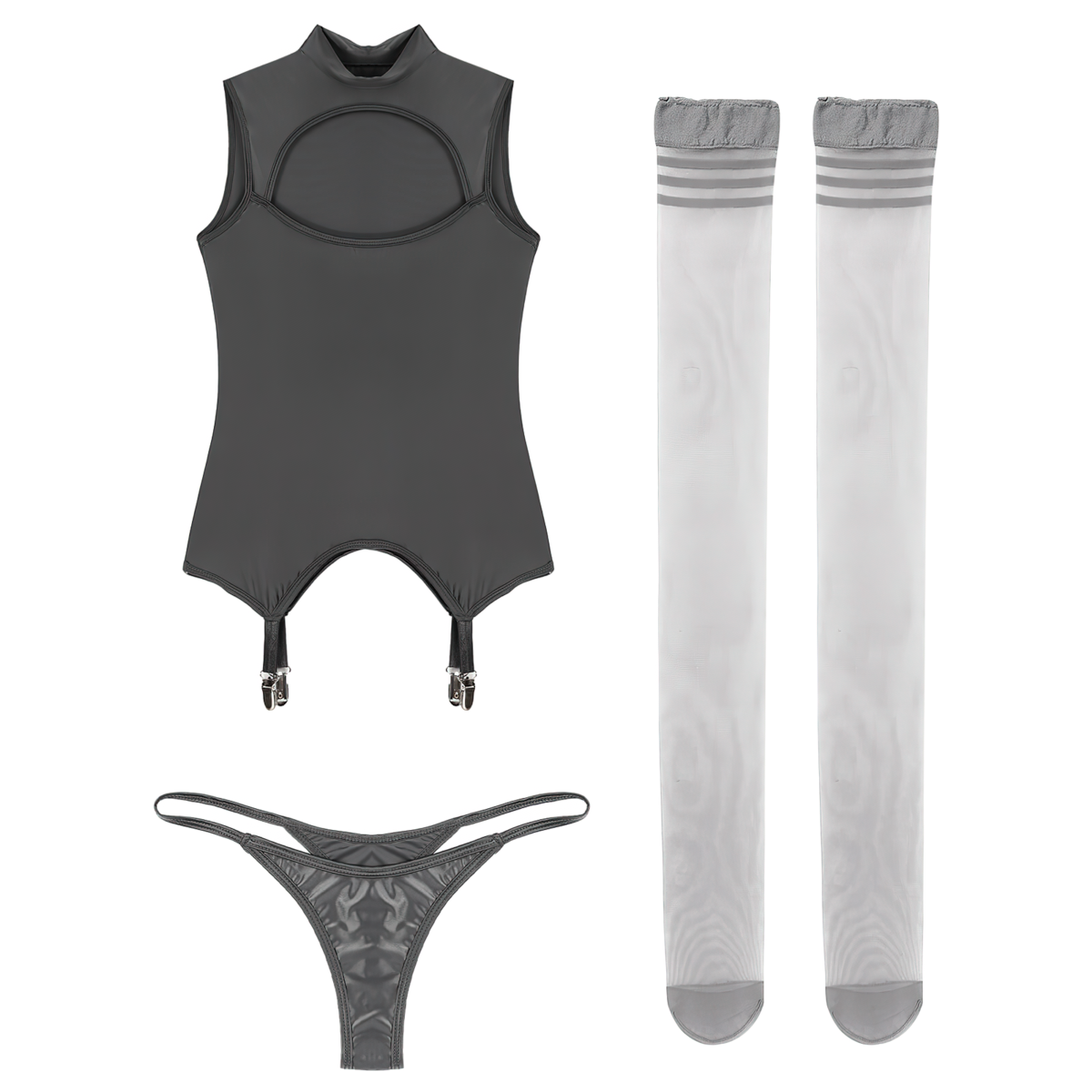 Sexy Women's 3 PC Lingerie Set / Glossy Tight-Fitting Female Clothing / Erotic Deep Neck Outfits - EVE's SECRETS