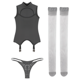 Sexy Women's 3 PC Lingerie Set / Glossy Tight-Fitting Female Clothing / Erotic Deep Neck Outfits - EVE's SECRETS
