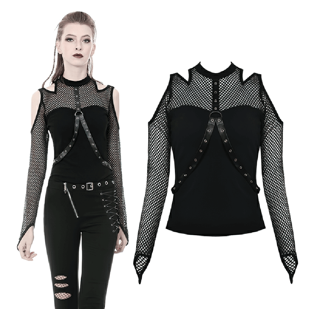 Sexy Women's Studded Black Mesh Top for an Edgy Look