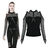 Sexy Women's Studded Black Mesh Top for an Edgy Look