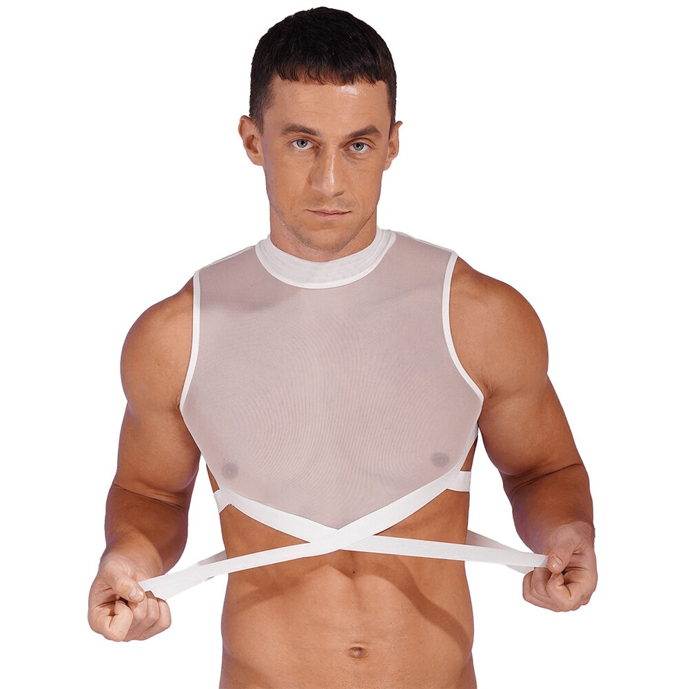 Sheer Mesh Crop Tops for Male / Sleeveless Vest with Zipper Back / Elastic Transparent Clothing - EVE's SECRETS