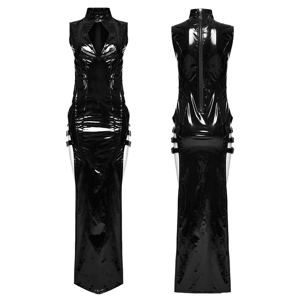 Sleek and Chic Black Faux Leather Long Slit Gown