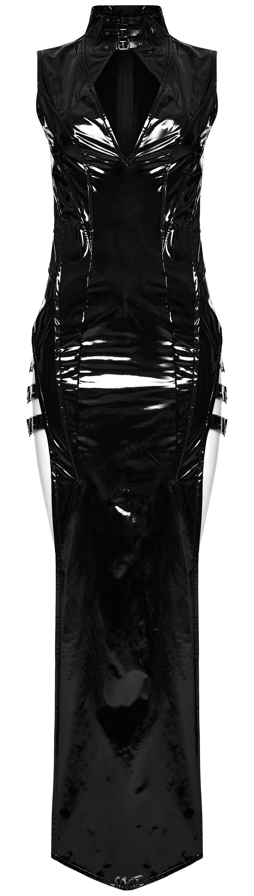 Sleek and Chic Black Faux Leather Long Slit Gown
