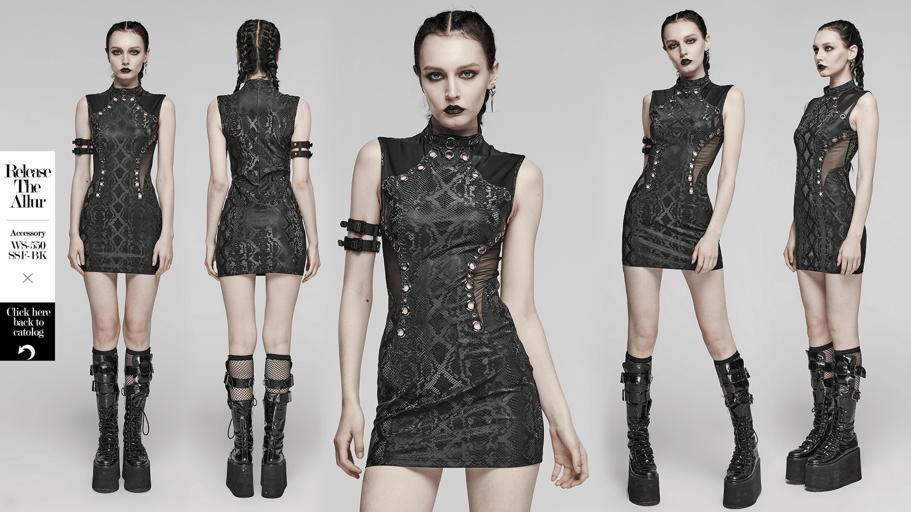 Sleek Sleeveless Punk Dress with a Bold Snake-Skin Pattern