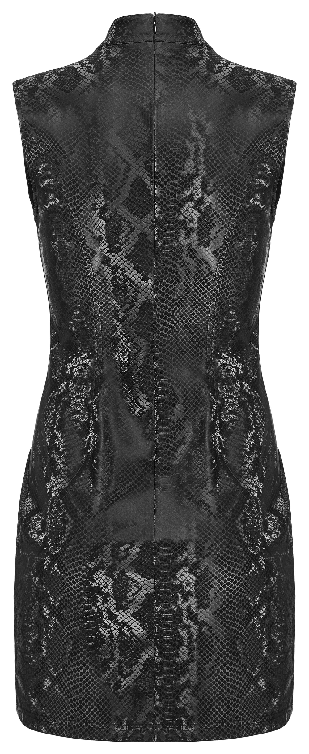 Sleek Sleeveless Punk Dress with a Bold Snake-Skin Pattern