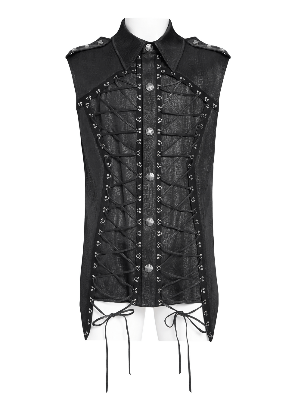 Sleeveless Lace-Up Shirt with Epaulets and Metal Studs