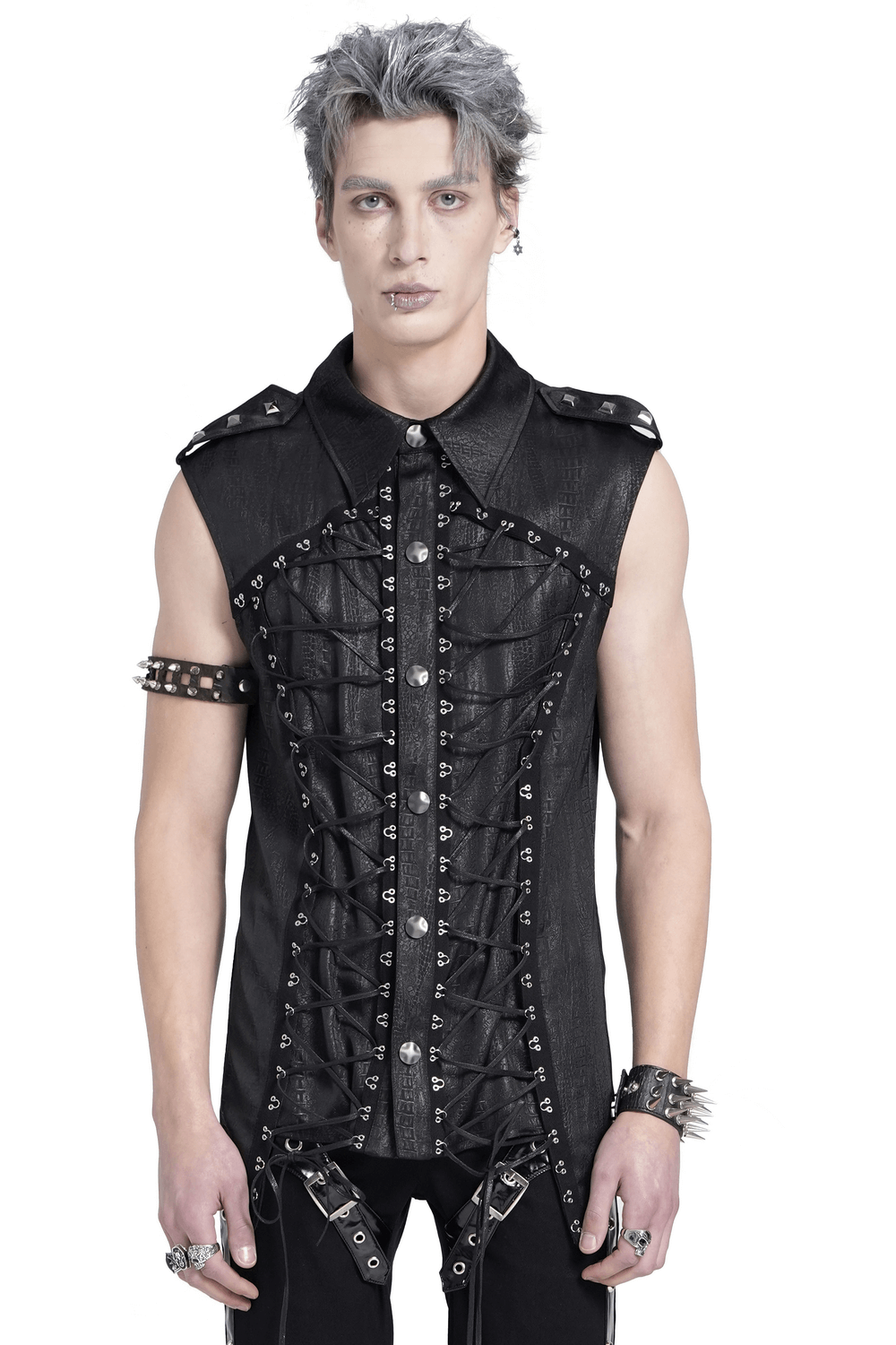 Sleeveless Lace-Up Shirt with Epaulets and Metal Studs