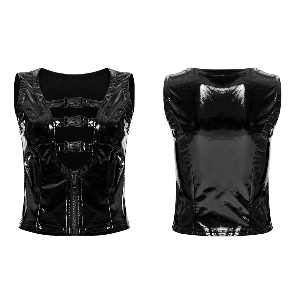 Slim Gothic Patent Leather Vest with Buckles Detail