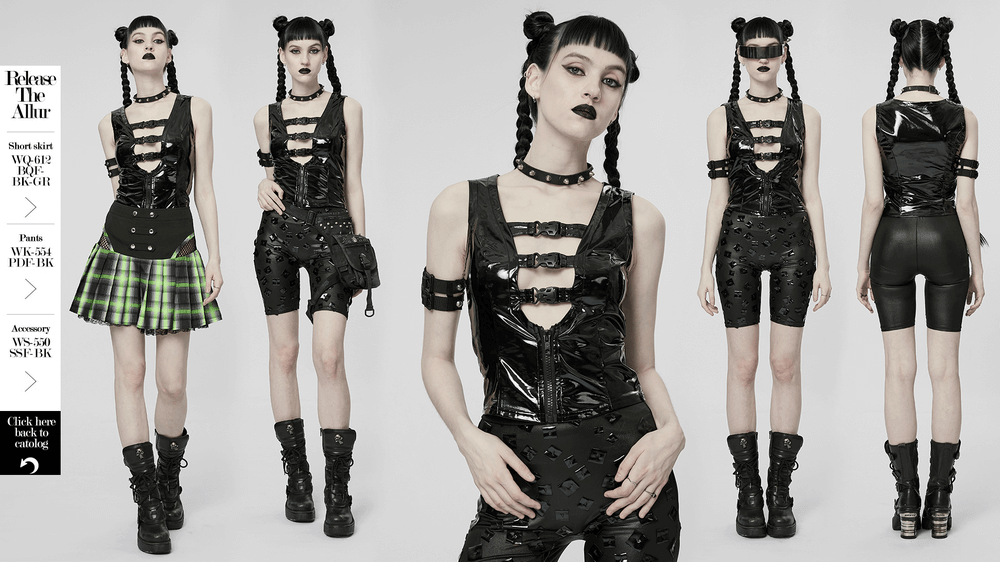 Slim Gothic Patent Leather Vest with Buckles Detail