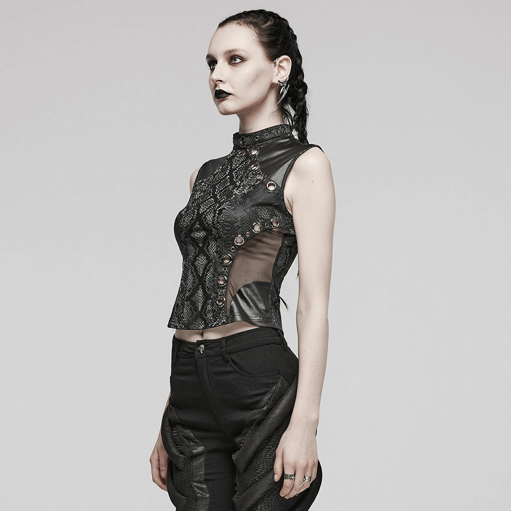 Sophisticated Punk Sleeveless Top with Black Snake Print