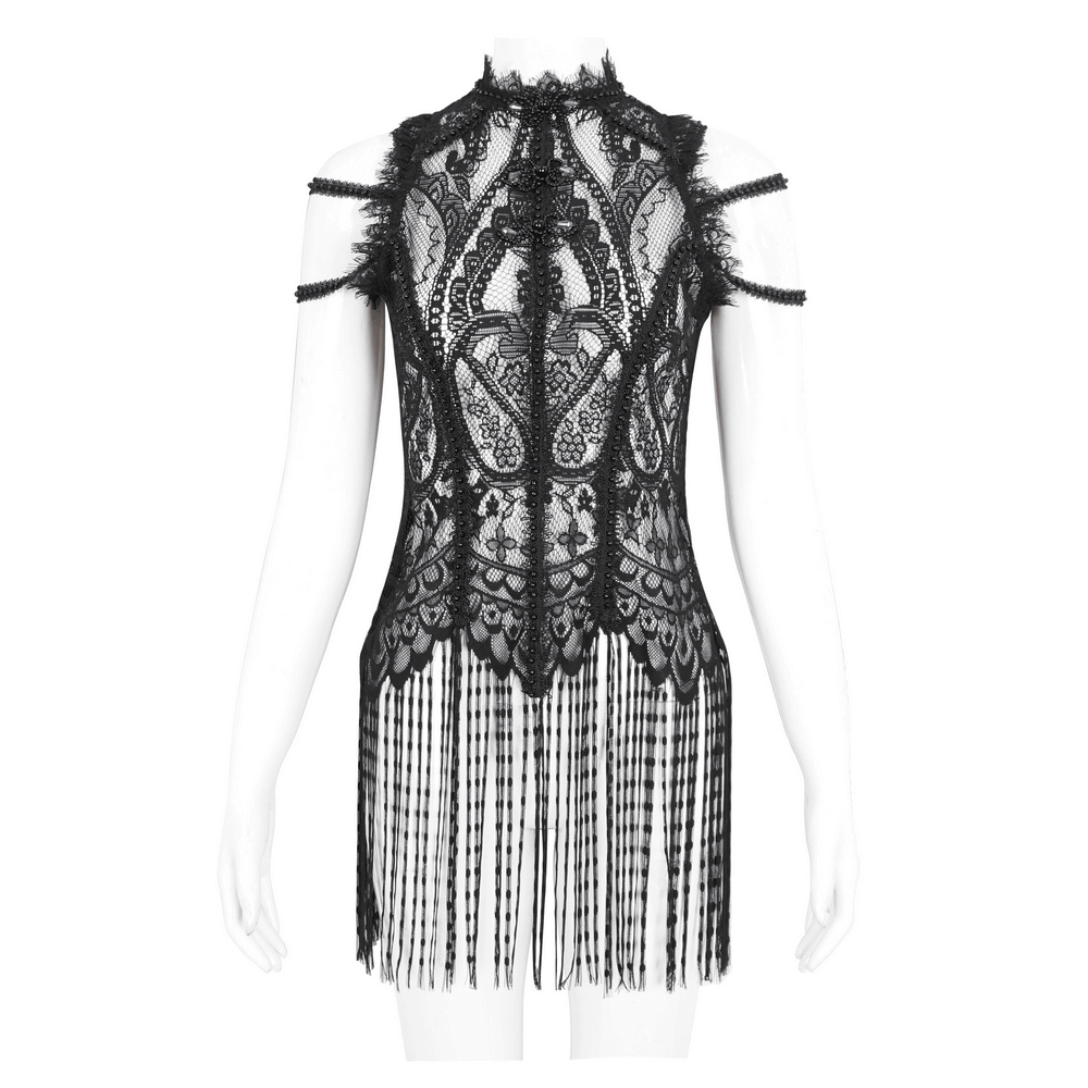 Sophisticated Sleeveless Black Lace Top with Fringe