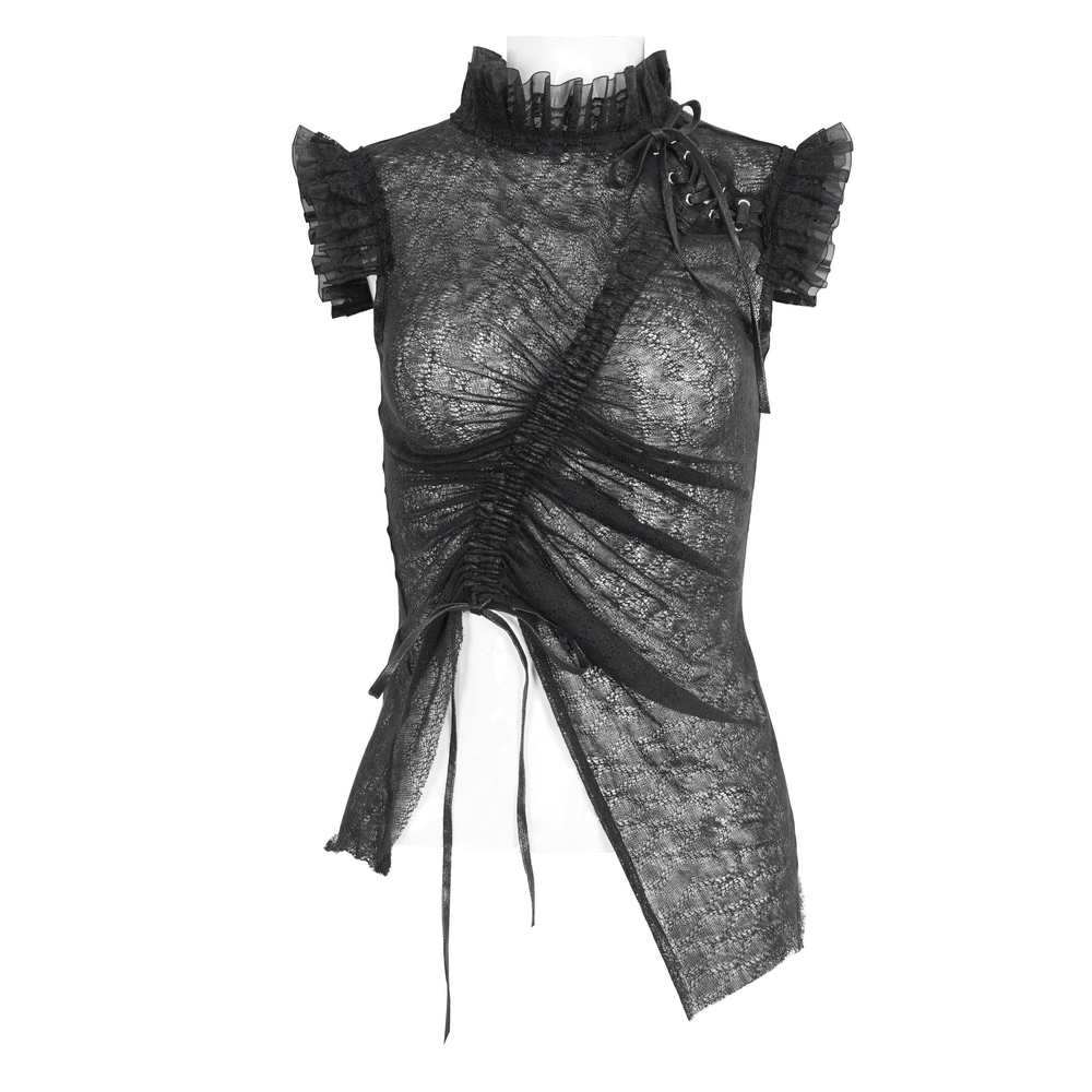 Sophisticated Women's Sheer Black Top with Ruffled Accents