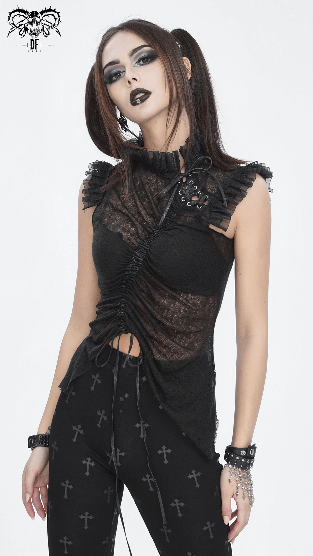 Sophisticated Women's Sheer Black Top with Ruffled Accents