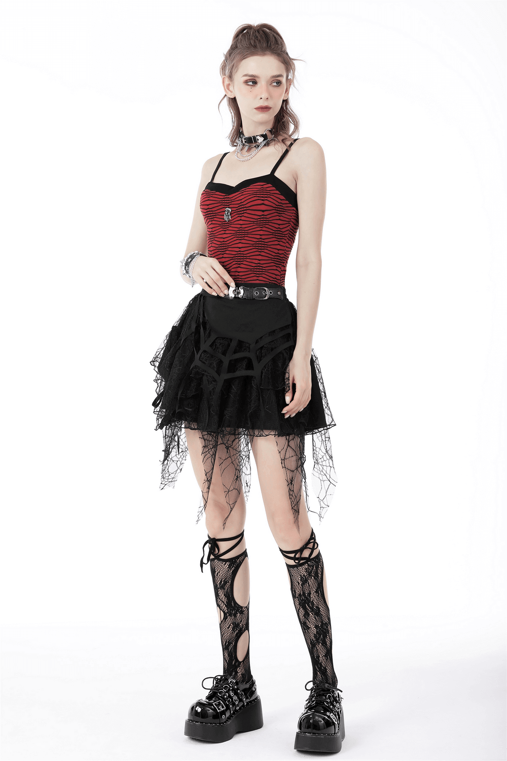 Spiderweb Lace Mini Skirt with Punk-inspired Belt Detail