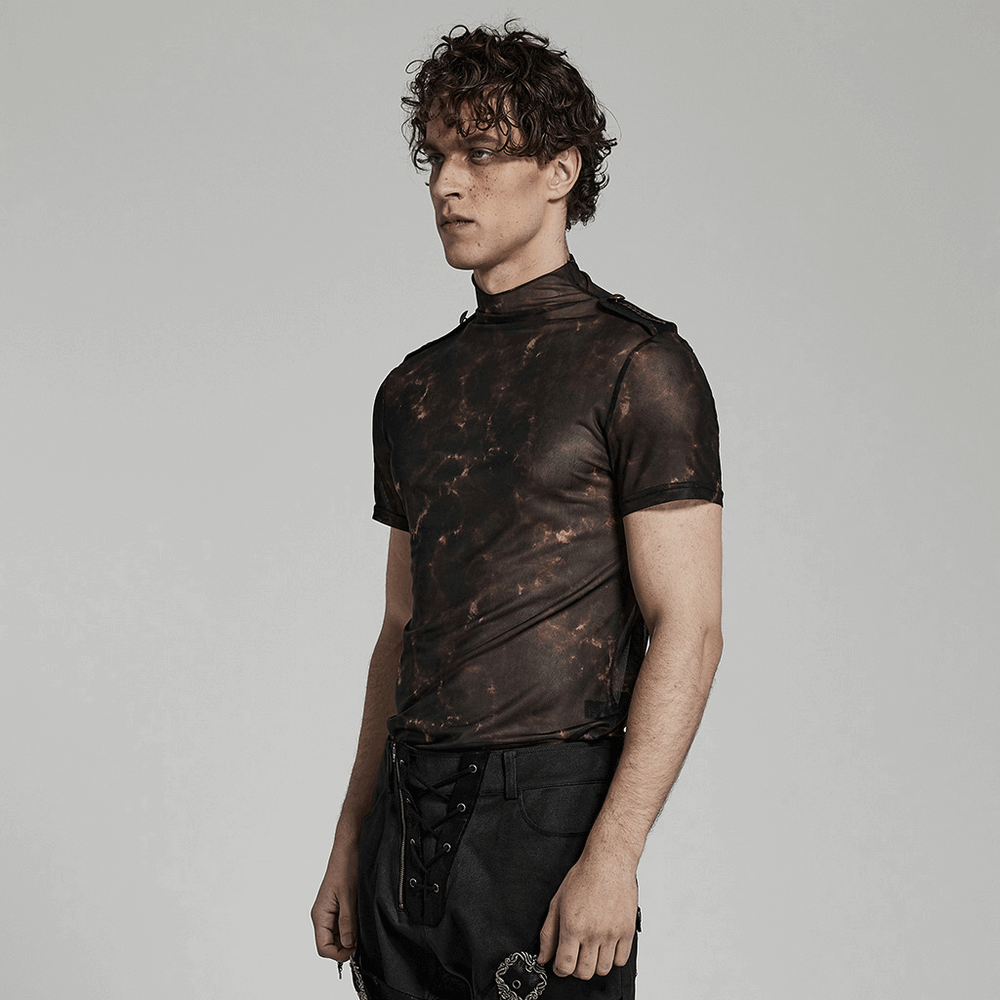 Stretch Mesh Tee with Print and Detailing on Shoulders