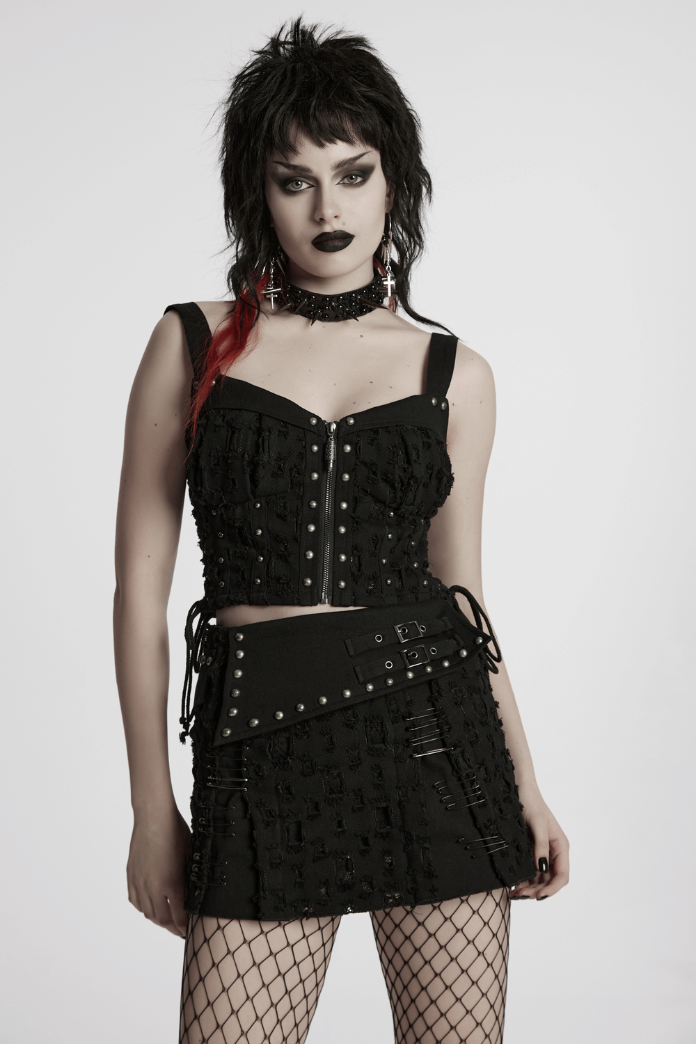 Studded Black Punk Mini Skirt with Safety Pins