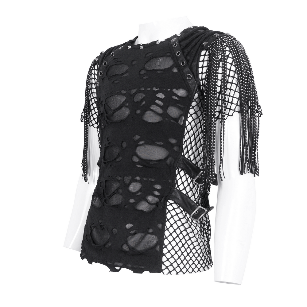 Stylish Black Mesh Tee Featuring Fringe Accents