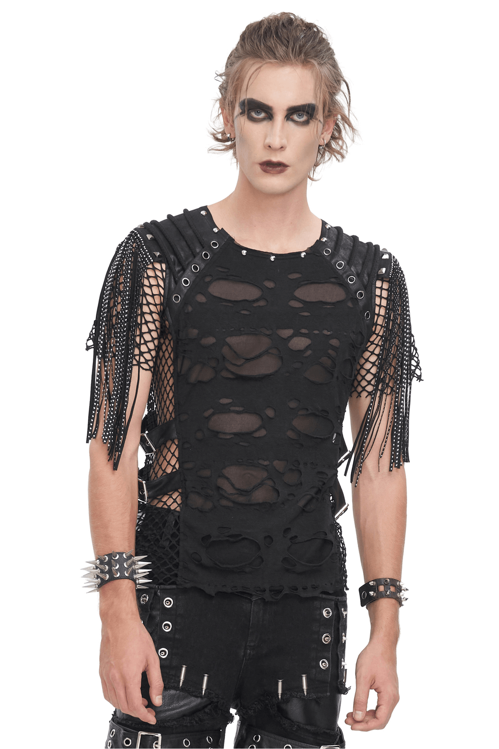 Stylish Black Mesh Tee Featuring Fringe Accents