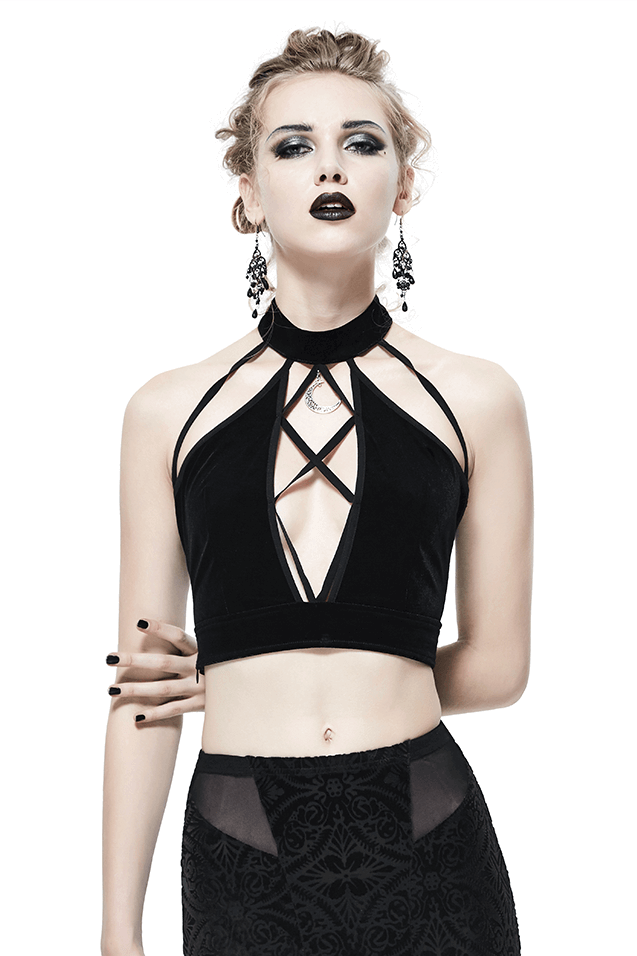 Stylish Black Women's Cross-Front Neck Crop Top