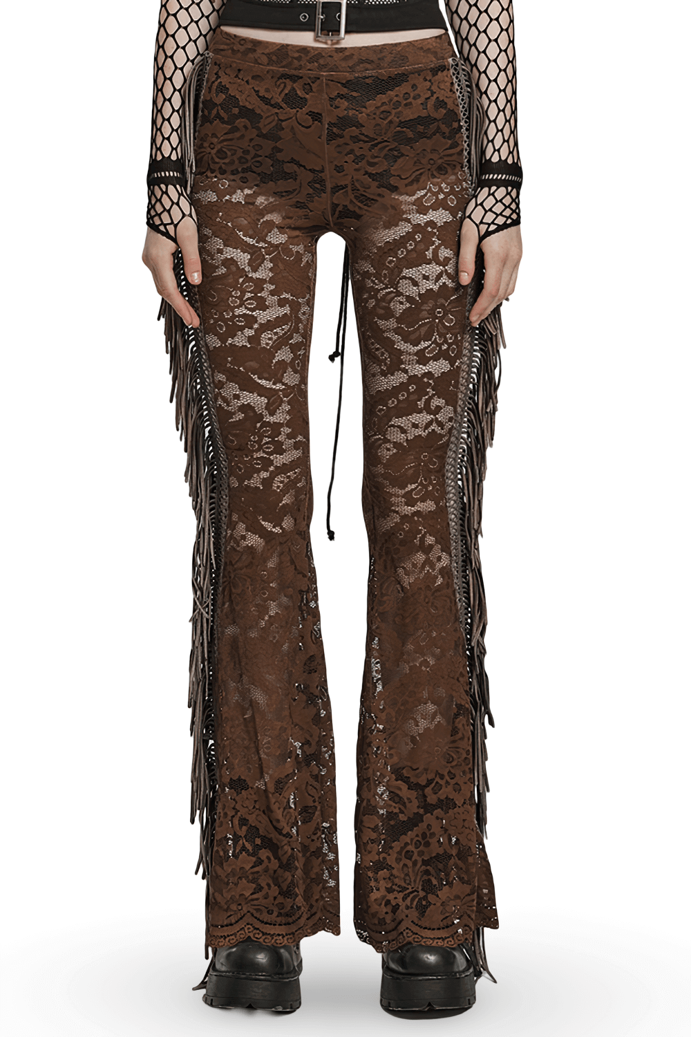 Stylish Brown Fringe Lace Pants with a Gothic Twist