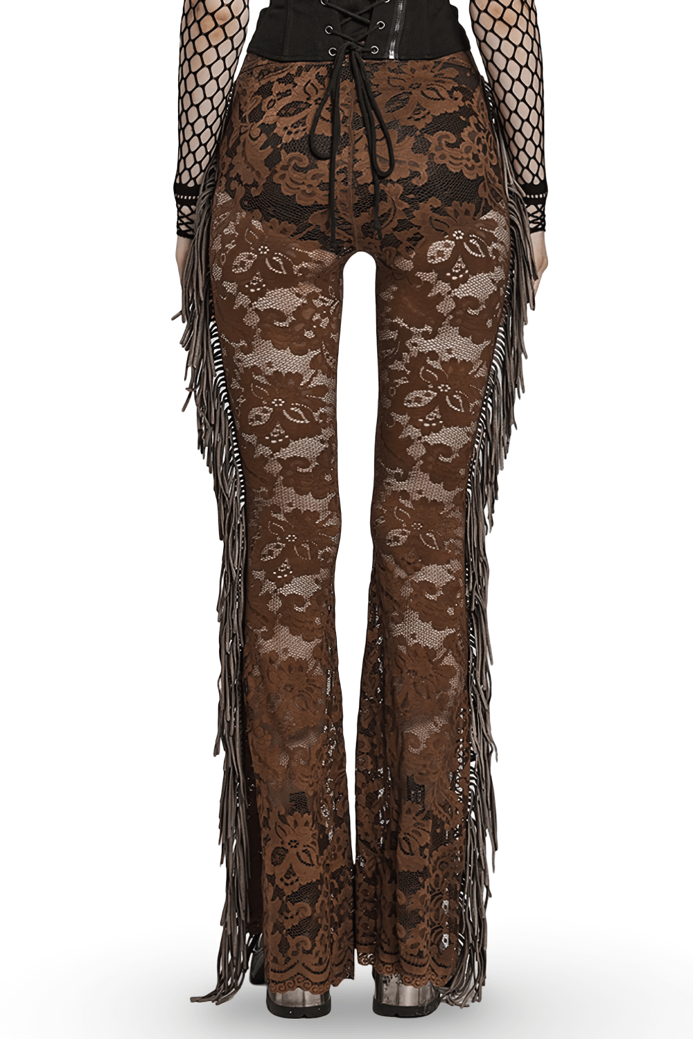 Stylish Brown Fringe Lace Pants with a Gothic Twist