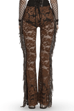 Stylish Brown Fringe Lace Pants with a Gothic Twist