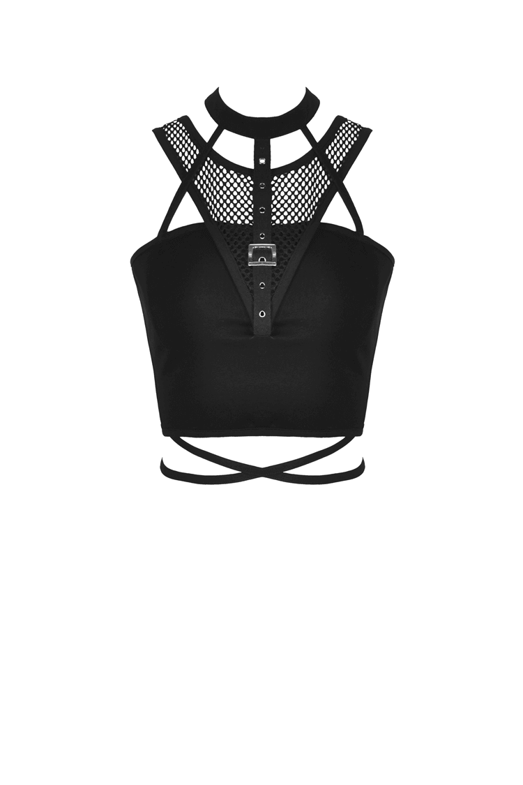 Stylish Crop Top with Mesh Panels and Choker Neckline