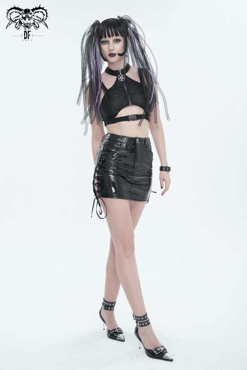 Stylish Faux Leather Mini Skirt with Lace-up Detailing