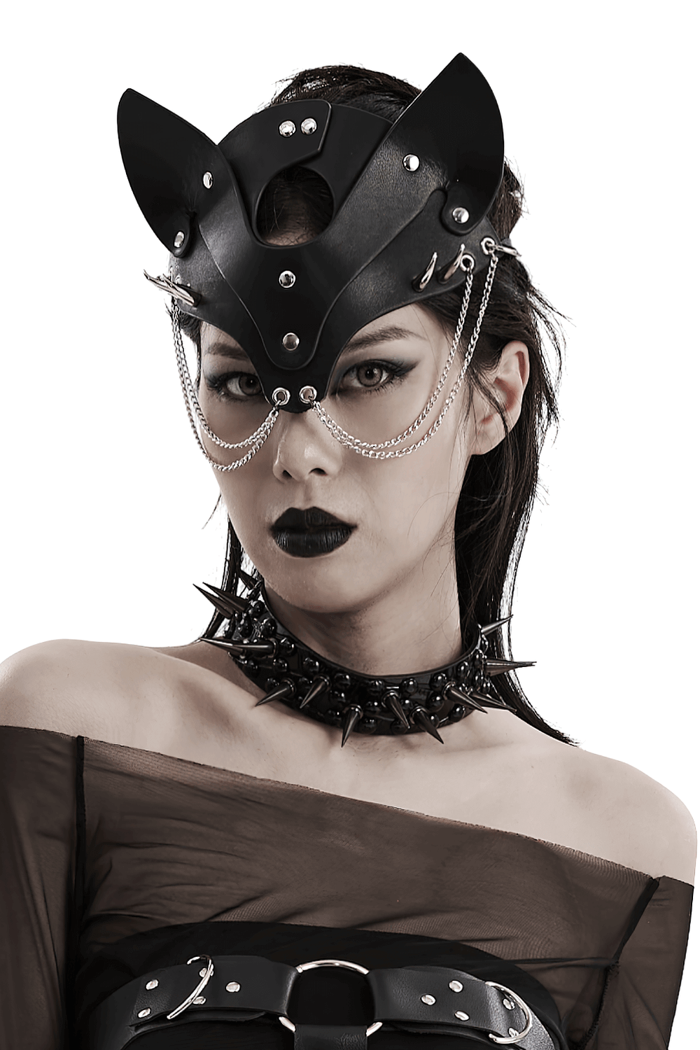 Stylish Fox Mask in Faux Leather with Studs and Chains