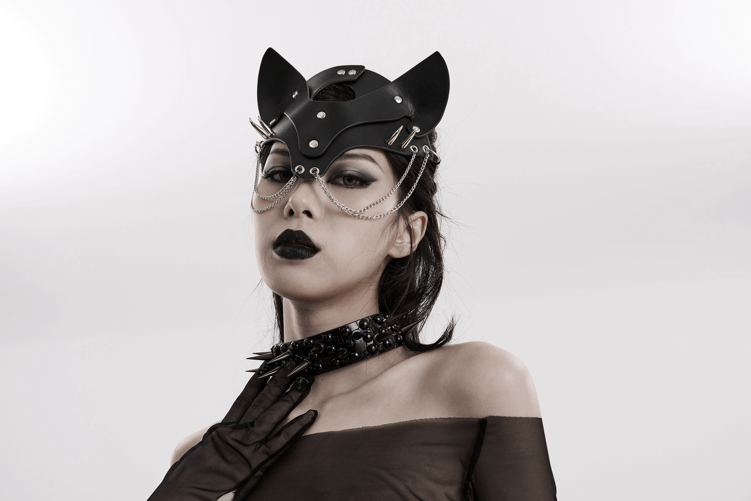Stylish Fox Mask in Faux Leather with Studs and Chains