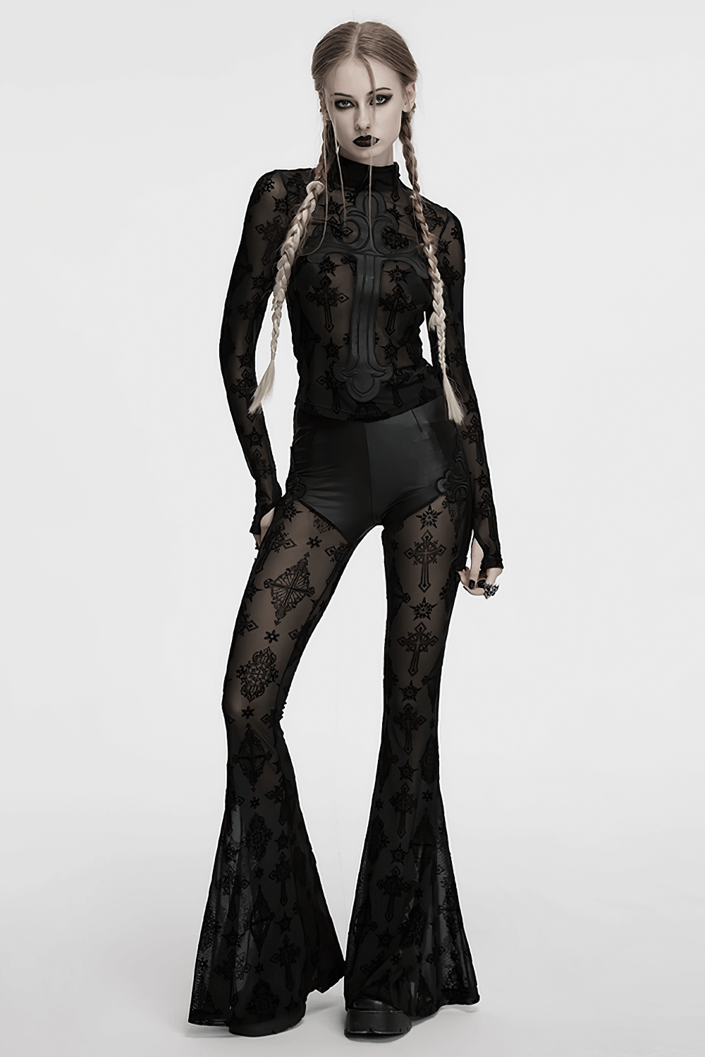 Edgy Gothic Flared Pants with Mesh Panels and Faux Leather